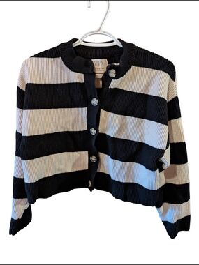 Zara Black & Cream Wide-Stripe Cropped Cardigan